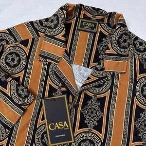 Casa Moda Woven Shirt Short Sleeve Black Brown Gold‎ Luxury Baroque Pattern Sz M